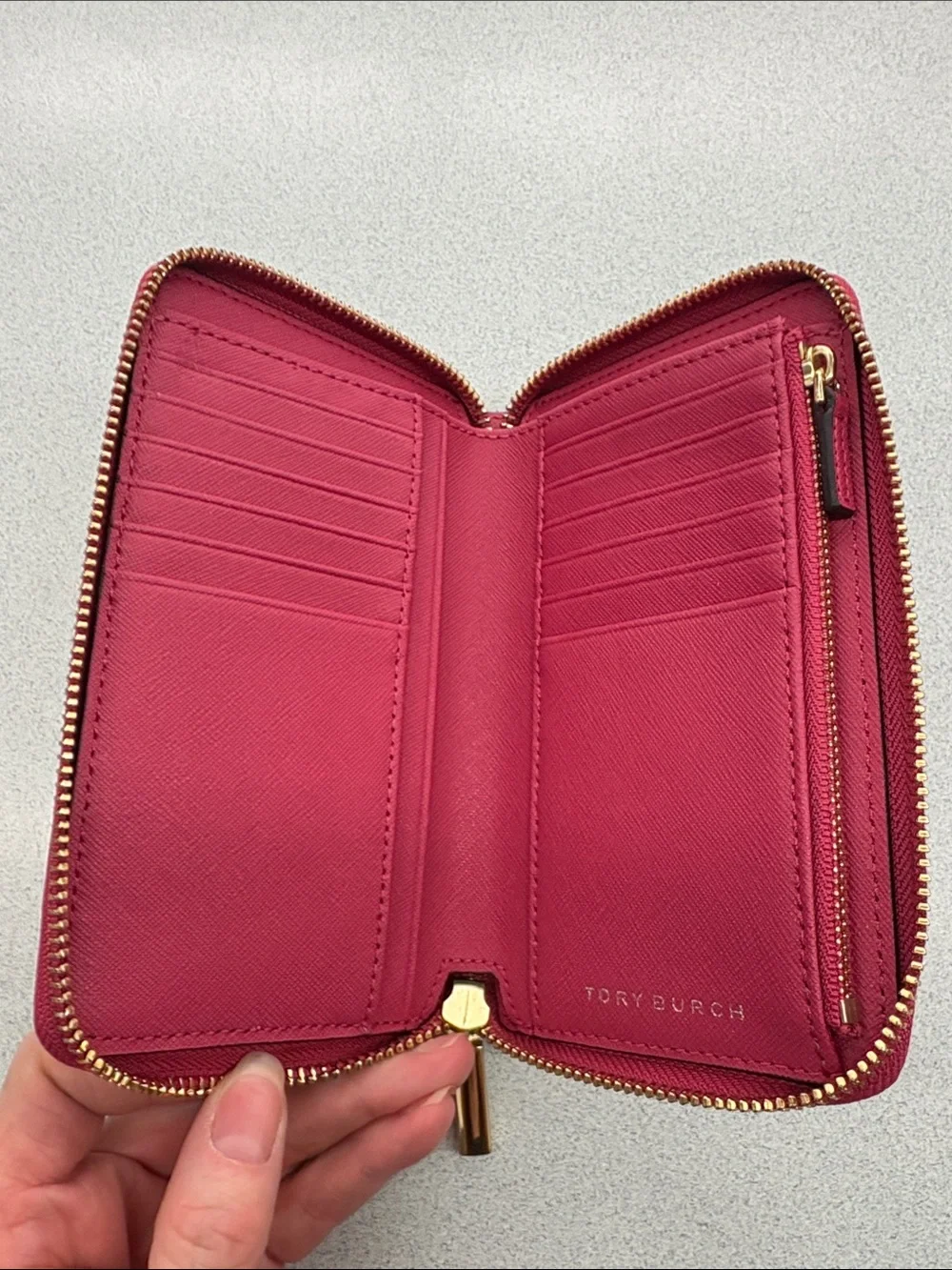 Tory Burch Robinson Mini Continental Wallet in Dark Peony with Gold Logo